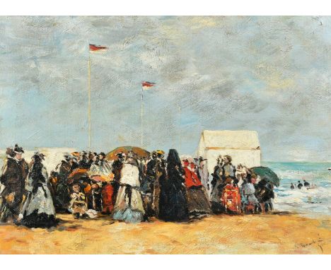 After Boudin, elegant figures gathered on a beach, oil on canvas laid down, bears signature, 11" x 15" (28 x 38cm).