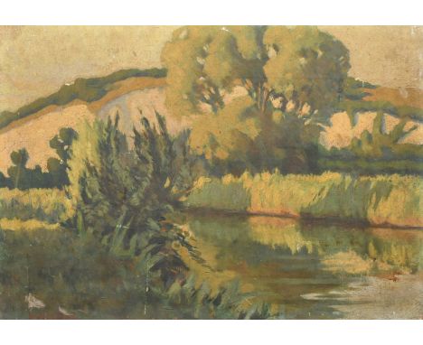 Attributed to George Middlecoat (1890-1959), A river landscape, oil on panel, indistinctly signed, 13.75" x 19", (35x48cm) (u