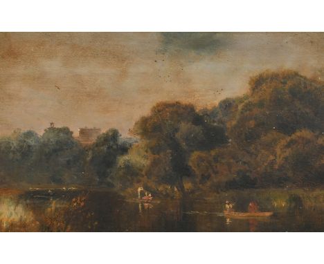 Robert Gallon (1845-1925) British, figures punting on a river, oil on panel, inscribed verso, 7" x 10.5" (18 x 27cm).