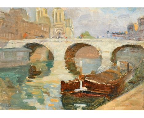 Attributed to Gustave Madelain (1867-1944) French, Barge on the Seine, Paris, oil on paper laid on panel, 6.25" x 8.5", (16x2