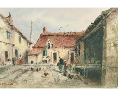 Sarah Louise Kilpack (1839-1909) British, Figures and chickens in a courtyard, oil on board,signed, 6.5" x 9", (16.5x23cm).