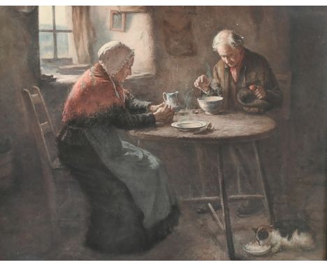 After H.J. Dobson, A colour print of a Scottish couple having a frugal meal in an oak parcel gilt Art Nouveau Scottish frame 