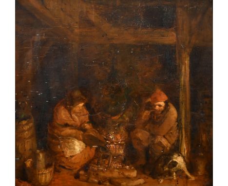Dutch School (possibly 17th Century) An interior scene with a man and woman seated by a fire with a dog, oil on panel, set in