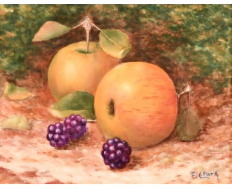 F. Clark, a painted porcelain tile of apples and blackberries, signed, 3.25" x 4", (8x10cm).