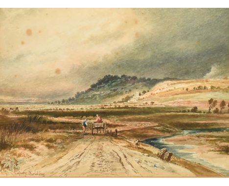 Copley Fielding, Figures with a cart on a track travelling towards a village with a church tower, watercolour, signed, 5.5" x