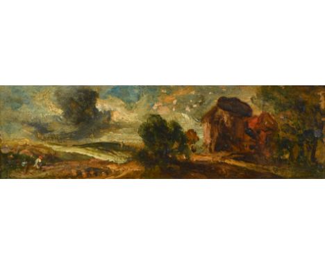 Circle of Constable, an oil sketch of a figure in open farmland, oil on oak panel, stamped with initials IW and RA verso, 2" 