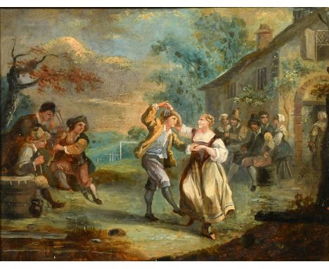 18th Century, A group of figures outside a tavern, musical instruments being played and a couple dancing, oil on panel, 8.25"