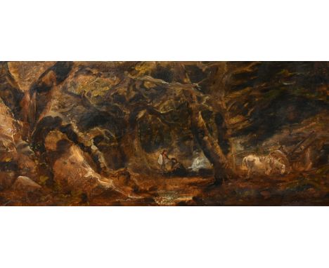 19th Century Continental School, An encampment in a wood, oil on panel, 5.5" x 11", (14.5x28cm).