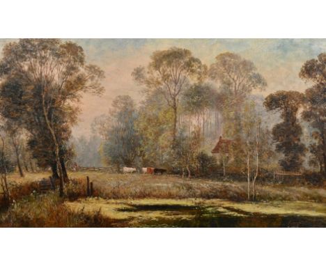 John Longstaffe (1849-1912), figures and cattle by a woodland cottage, oil on canvas, signed, 12" x 20", (30 x 51cm), unframe