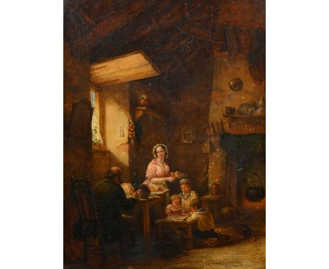 Circle of Ferdinand de Braekeleer, mid-19th Century Continental School, a family in a cottage interior, oil on mahogany panel