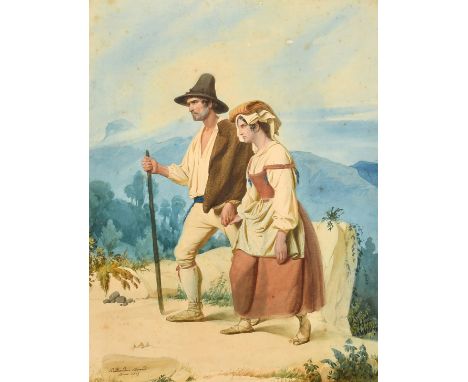 Bernadino Ricciardi (1814-1854) Italian, figures crossing a mountainous landscape, watercolour, signed and indistinctly dated