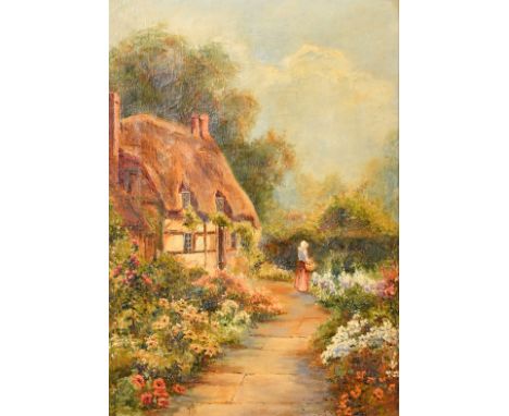 Eve Maryon, A pair of cottage scenes with flowers in bloom and figures, a Cornish cottage and a Devonshire home, oils on canv