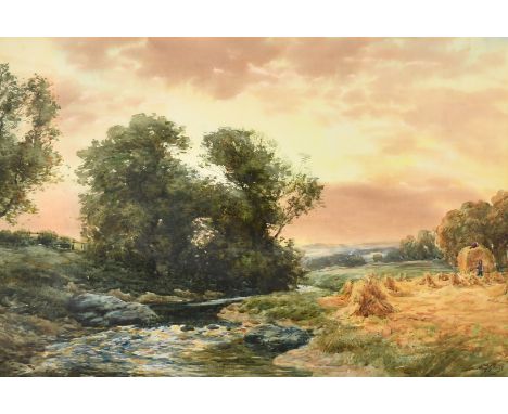 John Hamilton Glass (1890-1925) Scottish, A landscape view of figures gathering in the hay near to a winding stream, watercol