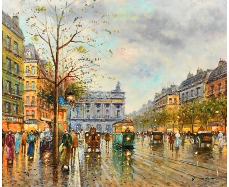 G. De Luca (20th Century), figures, coaches and trams on a busy Paris street, oil on canvas, signed, 20" x 24" (51 x 61cm).