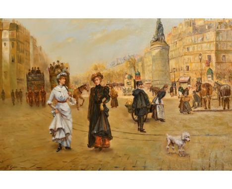 J. Gaston (20th Century) Figures and carriages on an busy Continental city street, oil on canvas, signed, 24" x 36", (61x91.5