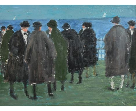 Stanley Royle (1888-1961) British, Figures in coats and hats standing on a promenade looking out to sea, oil on board, signed