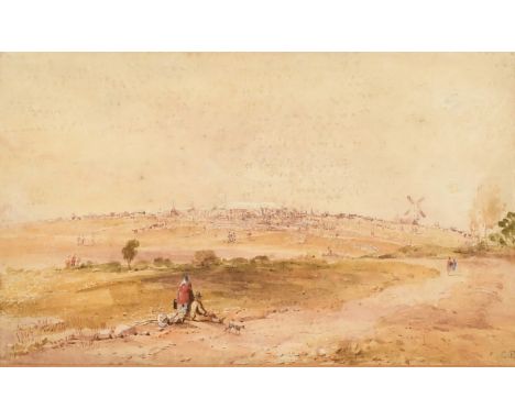 Attributed to A.V. Copley Fielding (1787-1855) British, Figures resting on a track with a dog before a large village with a w