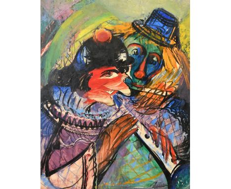 20th Century, 'Clowns', one playing a musical instrument, oil on panel, bears signature of Lacasse, 24.75" x 19.5", (63x49.5c