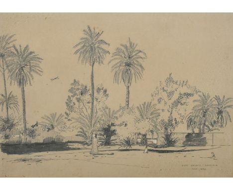 20th Century pencil sketch, 'Pink Palace, Khartoum', figures beneath palm trees, inscribed and dated July 1959 in pencil, 10"