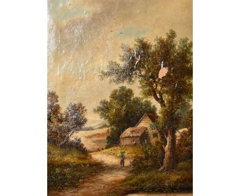 W. Yates (late 19th Century), Figures on a lane near to a dwelling with chickens, oil on canvas, signed, 18" x 14", (46x35.5c