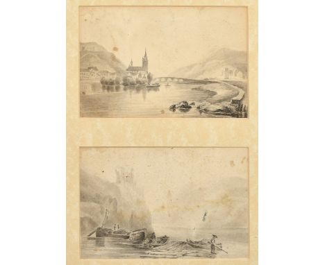 Two pencil sketches in one mount, a view of a bridge over a river near buildings and a church, the other figures with boats, 