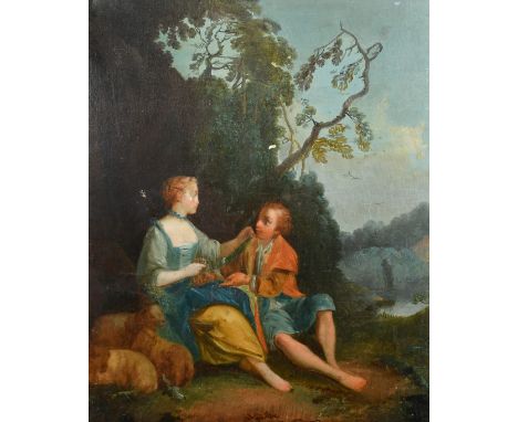 19th Century French School, A pastoral landscape with figures and sheep, oil on canvas, 36.5" x 30.5", (92.5x77.5cm) (unframe