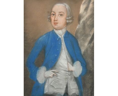 18th Century,  A three quarter length portrait of a gentleman wearing a blue coat, pastel, 13.25" x 9.75", (34x25cm).