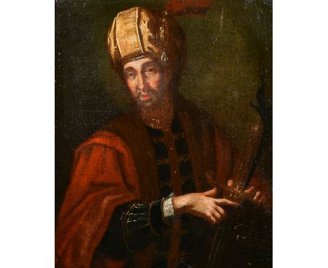 19th Century School, a half-length portrait of an Eastern ruler holding a sword, oil on canvas, 17.5" x 14.75" (45 x 37.5cm).