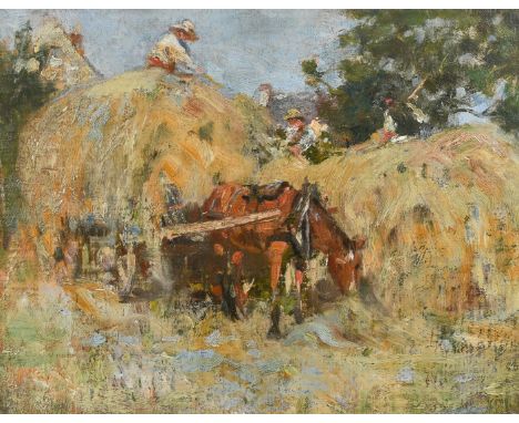 Frederick William Jackson (1859-1918) British, figures moving hay on a horse and cart, oil on board, 11" x 14" (28 x 36cm).