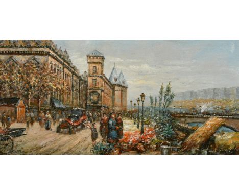 20th Century, A busy street scene with figures and a flower market, oil on panel, indistinctly signed, 10" x 20", 25.5x51cm).