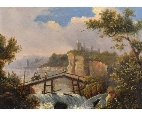 19th Century Continental School, figures crossing a wooden bridge with a castle on the horizon, oil on canvas, 9" x 12" (23 x