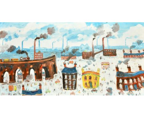 Simeon Stafford (b. 1956) British, 'Stockport', a view of figures amongst factory buildings, oil on panel, signed, inscribed 