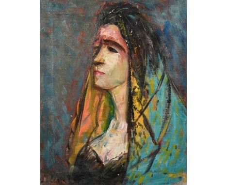 Attributed to Joseph Mikhailovich Levin (1894-1979) Russian, Portrait of a woman wearing a head scarf, oil on canvas, singed,