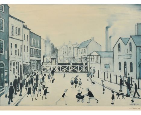 L.S. Lowry (1887-1976), a print of figures in a busy street, signed  in pencil, with blindstamp, faded, 16" x 23" (43 x 58cm)