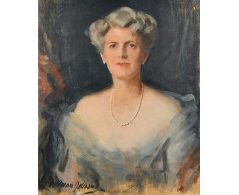 Cowan Dobson (1894-1980) British, a head and shoulders portrait study of a female figure wearing a pearl necklace, oil on can