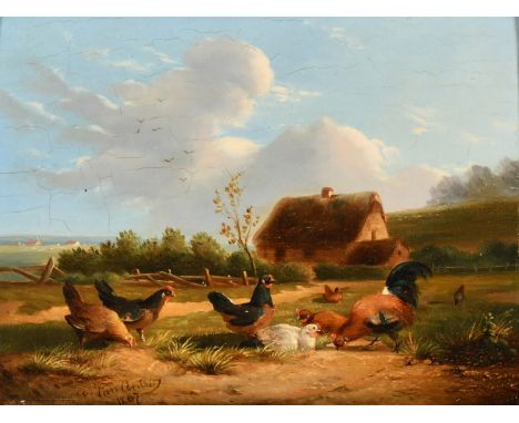 19th Century, A Cockerel and chickens in a landscape near a thatched cottage, indistinctly signed and dated 1807, oil on pane
