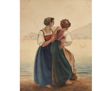 Italian School, Circa 1827, female figures overlooking the bay at Mola di Garta, watercolour, signed with initials, 8.5" x 6.