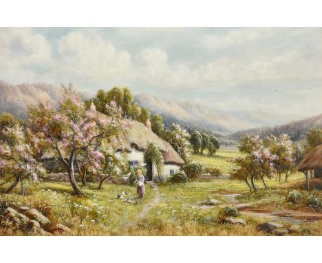 Robert John Hammond (active 1879-1911), A wonderful painting, A spring day in the valley with trees in blossom and a young gi