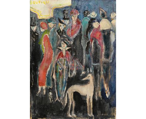 Mid 20th Century, 'Boutique', A group of elegant figures and two dogs, oil on board, indistinctly signed and inscribed, 18.5"