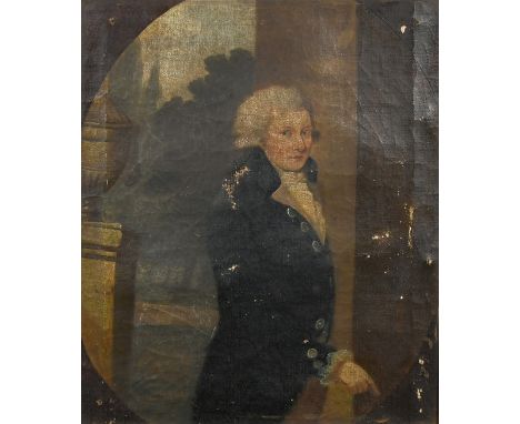 18th Century, Portrait of a gentleman standing wearing a long blue coat, oil on canvas, 11.5" x 10", (29x25cm).
