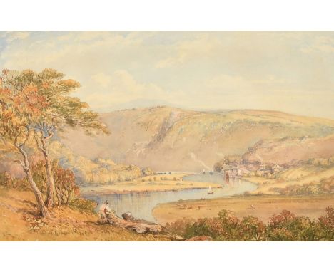 Philip Mitchell (1814-1896), British, An extensive landscape with a figure by a tree trunk, a winding river with sailing boat