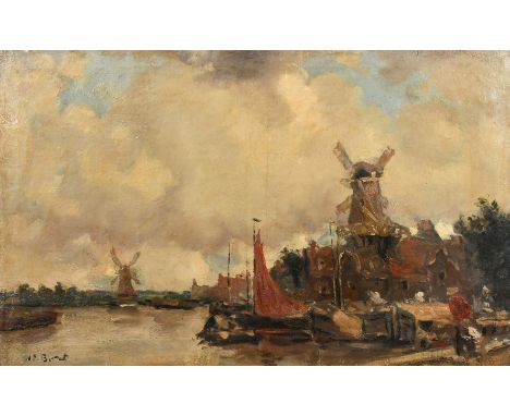 Dutch School (Late 19th Century), Windmills along the canal with moored boats and figures, oil on canvas, indistinctly signed