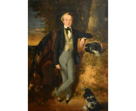 Mid-19th Century English School, a portrait of a young gentleman with top hat and cane accompanied by his dog and horse, oil 