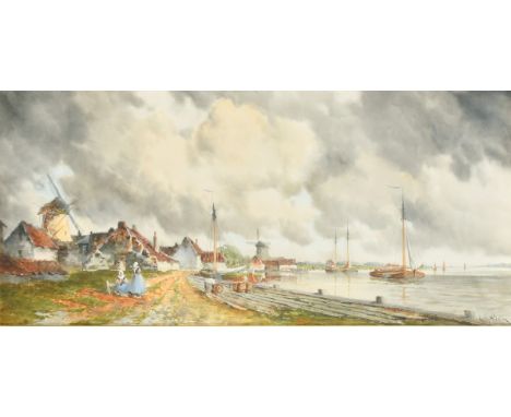 Louis Van Staaten (1836-1909), Hermanus Koekkoek II, 'Near Rotterdam, figures and boats by a quay, watercolour, signed, 13.5"