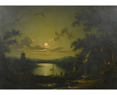 Sebastian Pether (1790-1844) British, figures in a boat on a moonlit lake with a watermill and church, oil on canvas, signed,