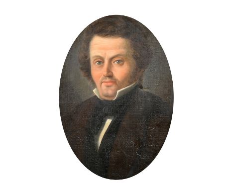 Mid-19th Century Continental School, Portrait of a gentleman wearing a black cravat and waist coat with a brown coat, oil on 