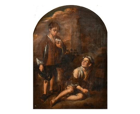 Manner of Bartolome Esteban Murillo, Two urchins with a dog, oil on canvas laid down on an arched panel, 12" x 8.75", (30.5x2