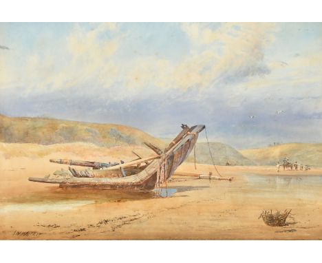 J.W. Walker, A piece of wreckage on the shore, figures with a horse and cart beyond, watercolour, signed, 14.5" x 21.5", (37x