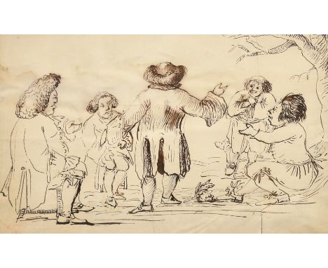 Follower of Thomas Rowlandson, A group of figures with a dog sitting and standing near a tree, ink on paper, 7" x 11.5", (7.5