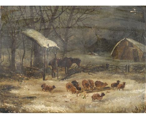 After Herring, A winter landscape with snow, sheep eating from a trough with a horse nearby, oil on canvas, indistinctly sign